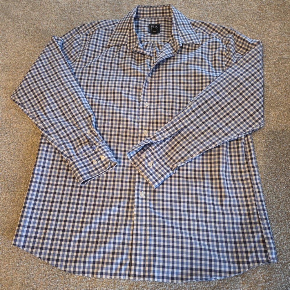 Mens Jos A Banks Traveler Dress Shirt LARGE Tailored Fit Blue & White Check